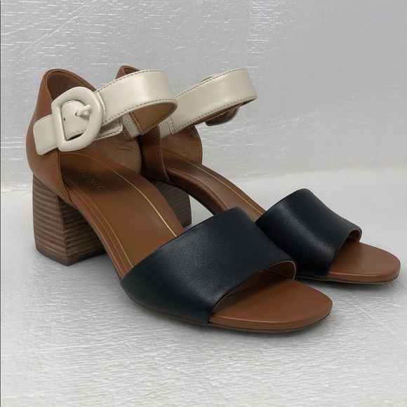 Vionic Shoes - NEW Vionic Heels Chardonnay Tan Black Cream Leather Block Heel Adjustable Strap